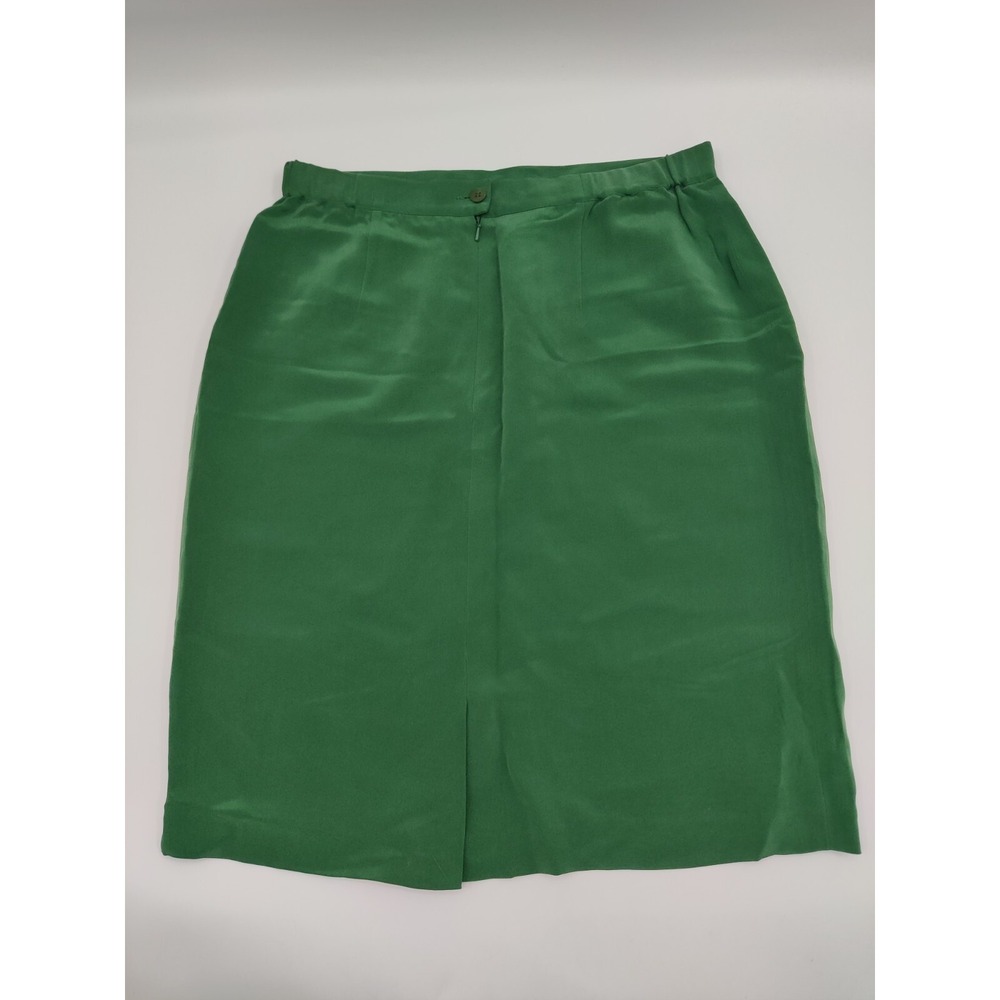 DUE PER DUE Green Silk Midi Skirt Size 12 Side Zip Pleated‎ Waist